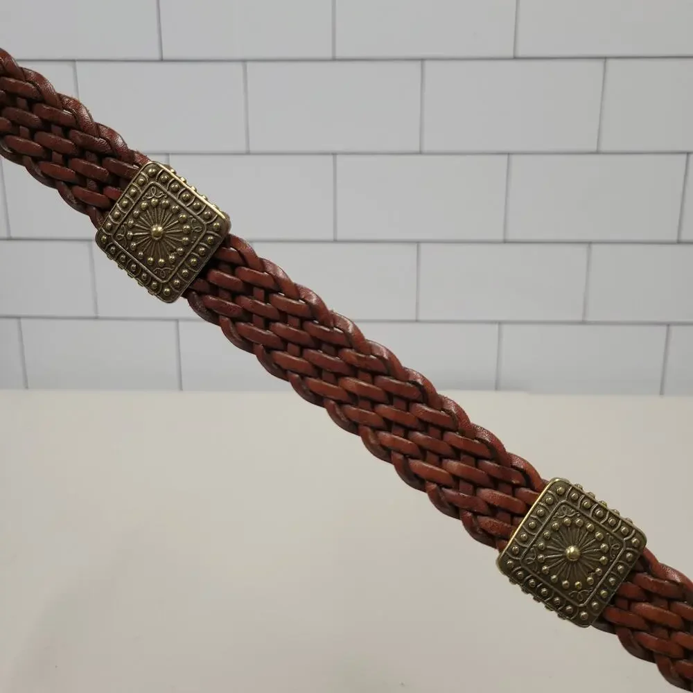 DKNY Brown Braided Leather Belt Gold Tone Buckle Women's Boho Casual Y2K
